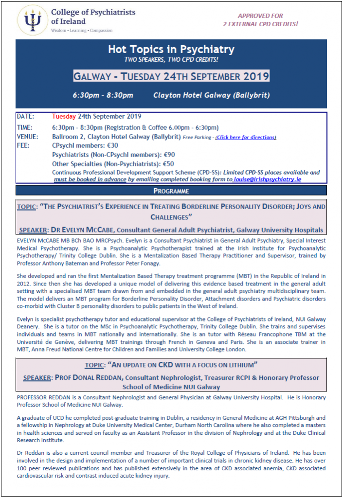 Hot Topics in Psychiatry Galway September 2019 The College of